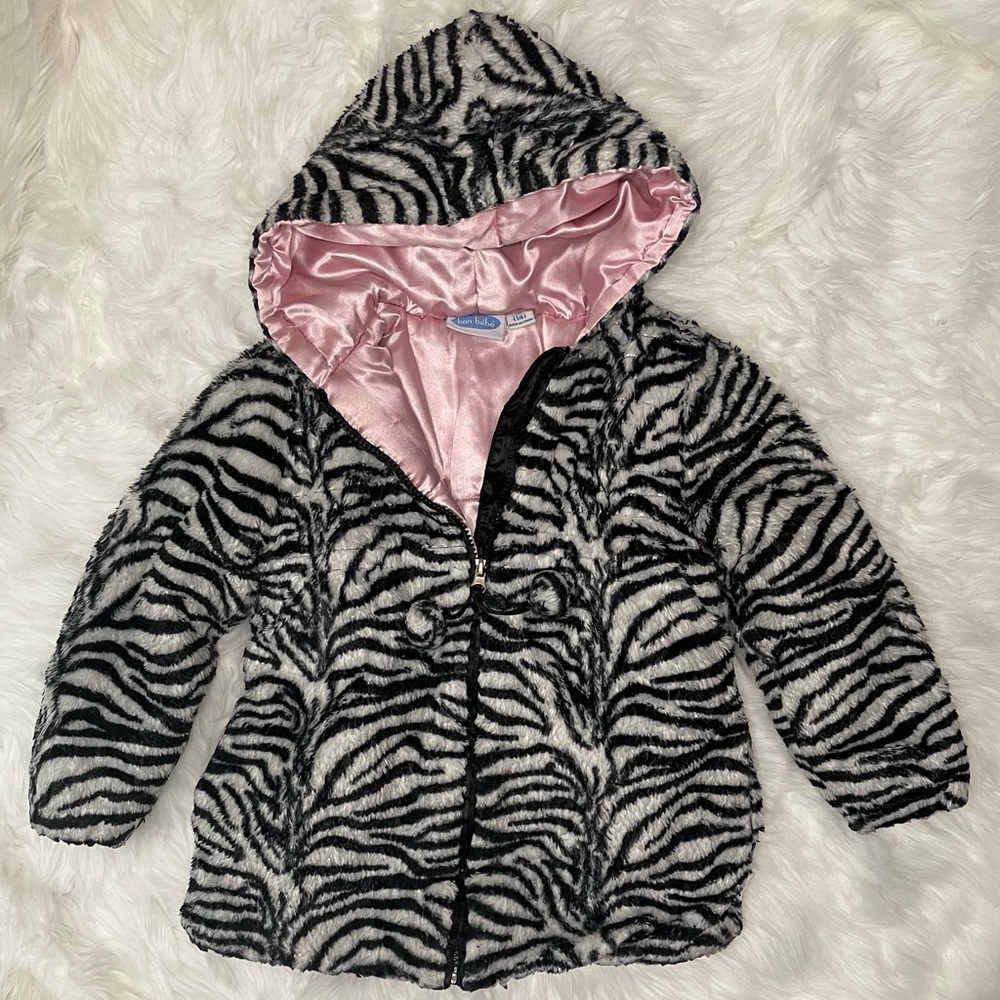 Girl’s Zebra Print Puffer Coat with Pink Lining